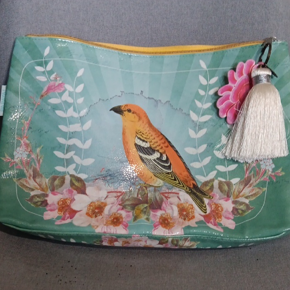 Papaya Green and Orange Bird Print Bag with Tassel